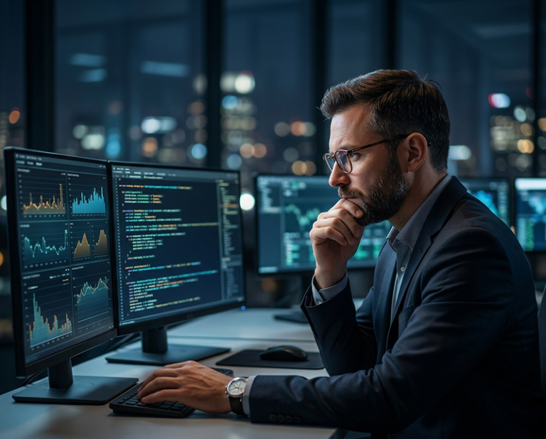 IT professional monitoring dashboards during a MuleSoft to Apache Camel migration
